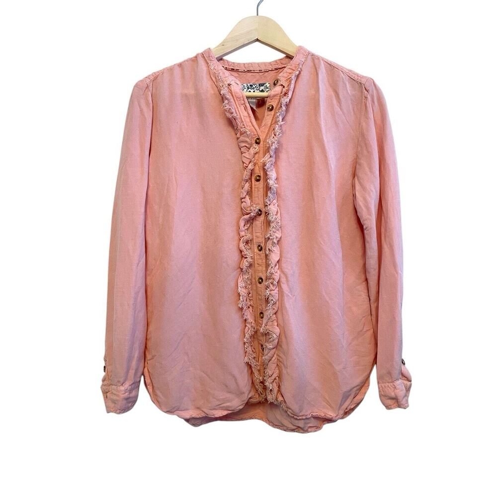 Anthropologie Pilcro Fray Ruffled Button Up Shirt Women Size Small Pink Linen